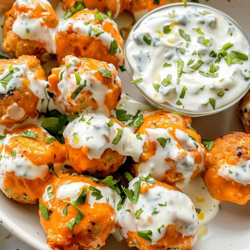 Buffalo Chicken Meatballs with Bleu Cheese Yogurt Dip 2 buffalo chicken meatballs with bleu cheese yogurt dip