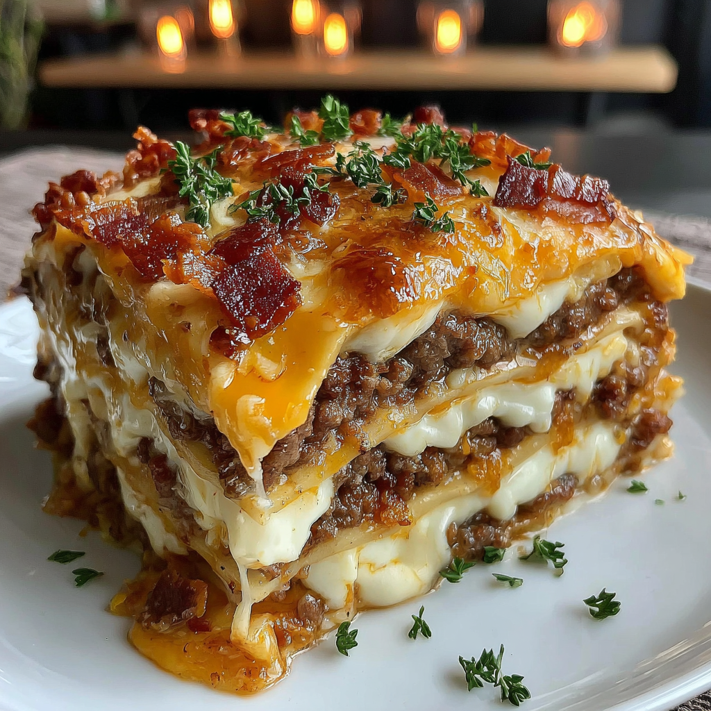 Parmesan Garlic Turkey Bacon Cheeseburger Lasagna with garlic