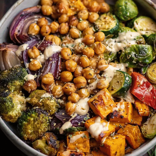 vegan mediterranean roasted veggie bowl recipe