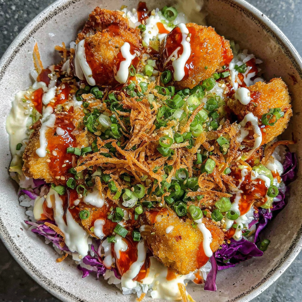 Crispy Bang Bang Chicken Bowl with Creamy Toppings