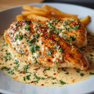 chicken fillet in spicy creamy garlic parmesan sauce