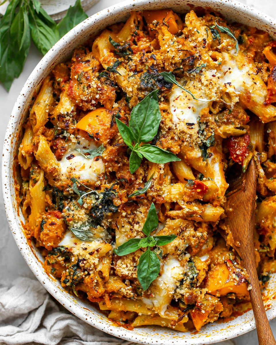 Comforting Pasta Bake with Pumpkin Tomato Sauce