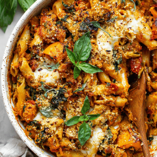 comforting pasta bake with pumpkin tomato sauce