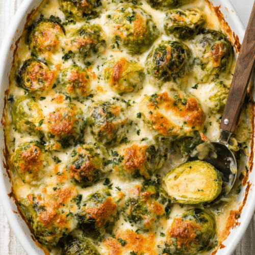 creamy garlicky brussels sprouts au gratin delight