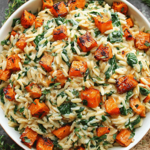 creamy orzo with roasted butternut squash and spinach
