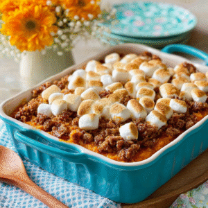 decadent sweet potato casserole with marshmallows