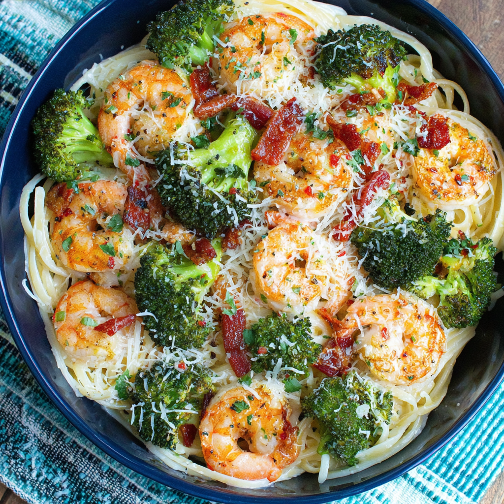 Delicious Garlic Butter Shrimp Alfredo with Roasted Broccoli