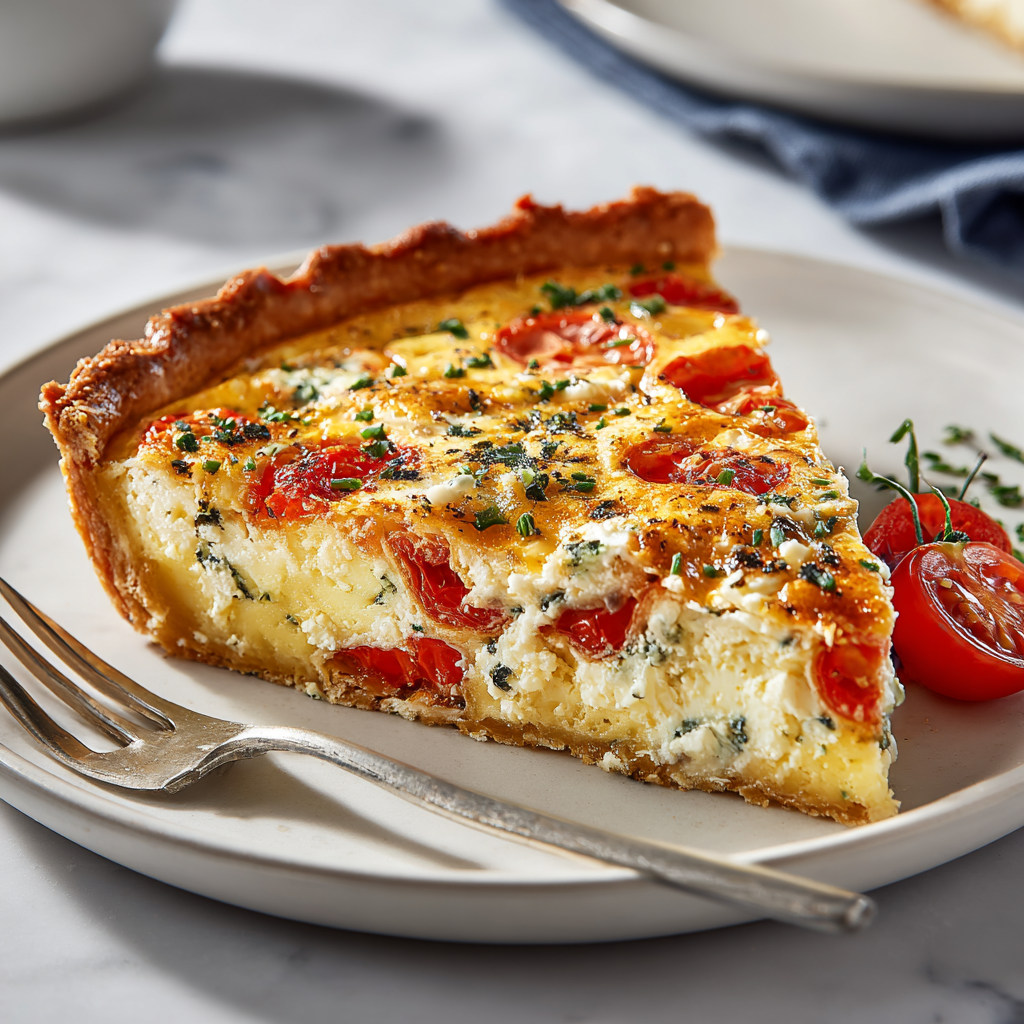 Savory Potato Crust Feta & Tomato Quiche Recipe