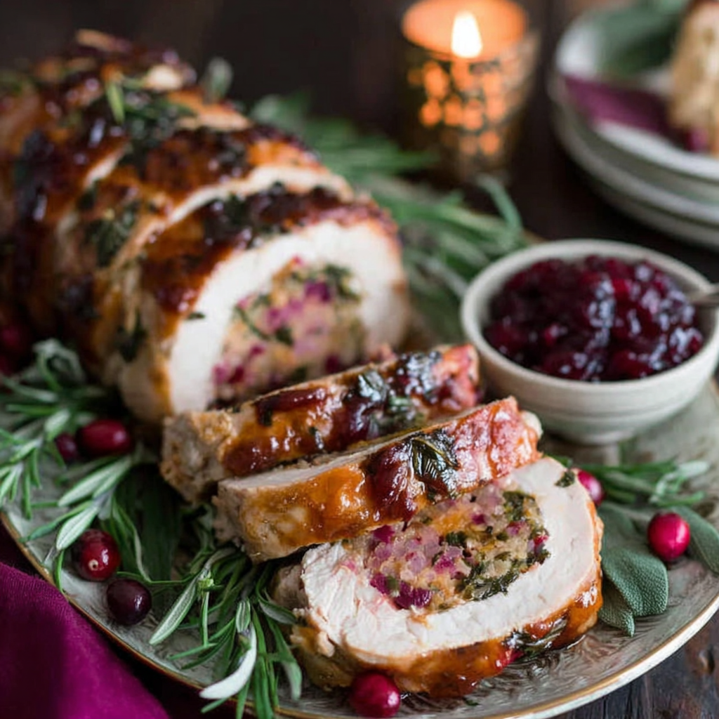 Savory Turkey Roulade with Cranberry-Sage Stuffing