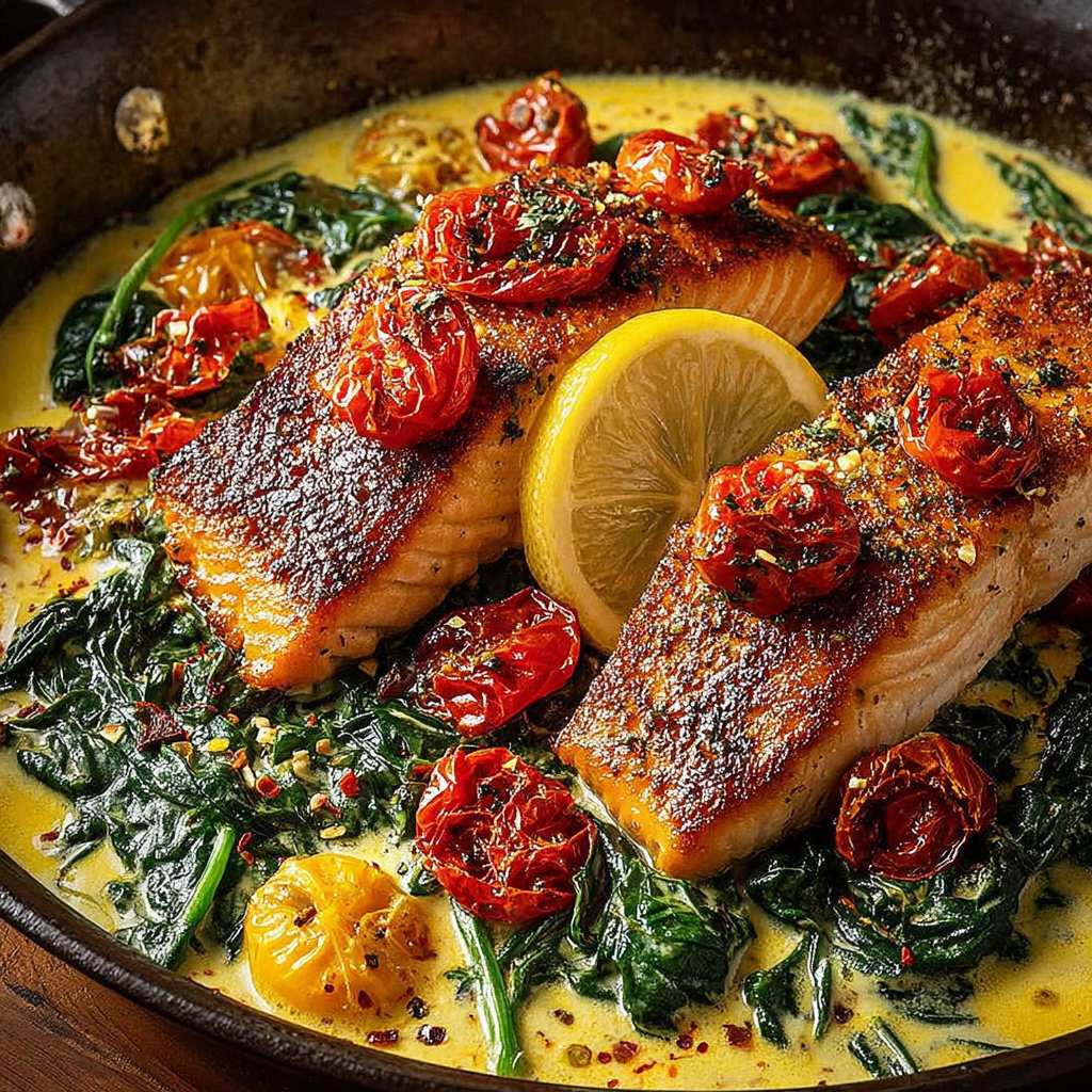 Creamy Tuscan Marry Salmon with Spinach and Sun-Dried Tomatoes