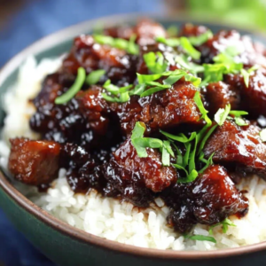 indulgent sweet caramelized beef over rice
