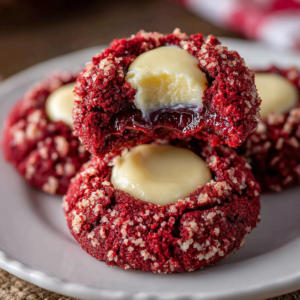 soft and chewy red velvet thumbprint cookies