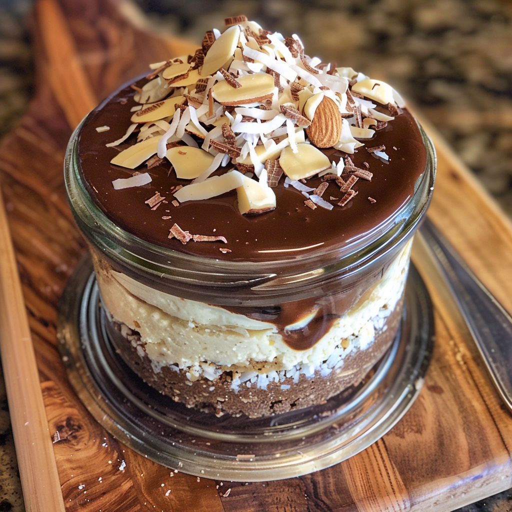 decadent layered almond joy cheesecake in a jar 1