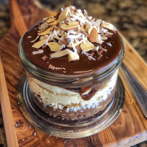 decadent layered almond joy cheesecake in a jar
